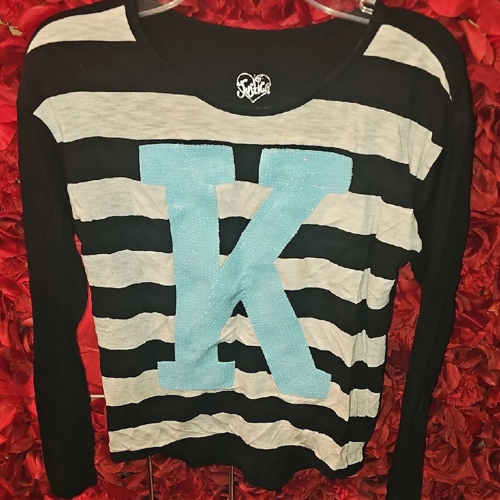 Justice Girls Striped Black and White Long Sleeve Top with Blue 'K' Size 8/10